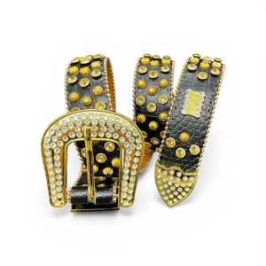 BB Simon Belt with Gold Studs and Rhinestone Buckle Black Leather Fashion Accessory