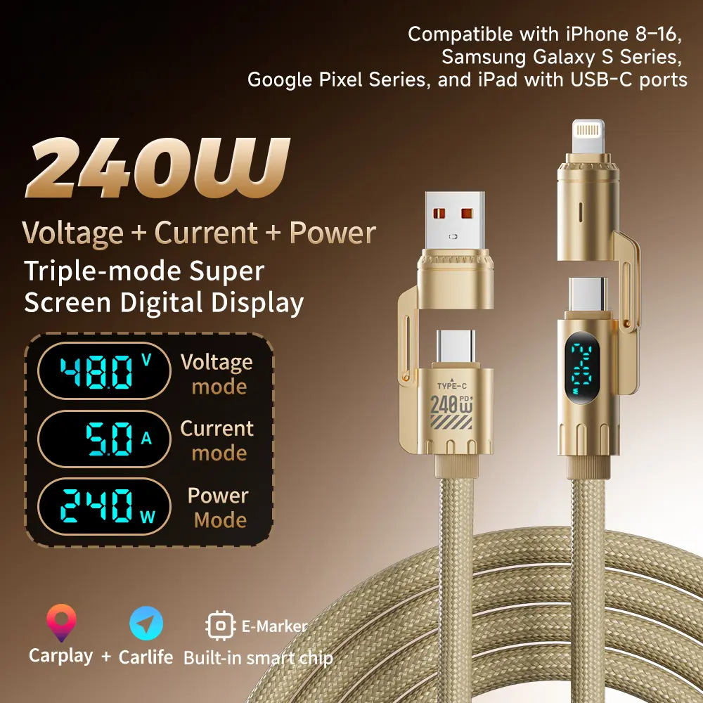 240W 4-in-1 Digital Display Fast Charging Cable, 6.6FT USB-A & USB-C to USB-C & Lightning Charger Cord with 3-Mode Voltage/Current/Power Display, Braided Cable Compatible with iPhone 16/15/14 Series, Samsung Galaxy, Google Pixel, iPad & Laptops