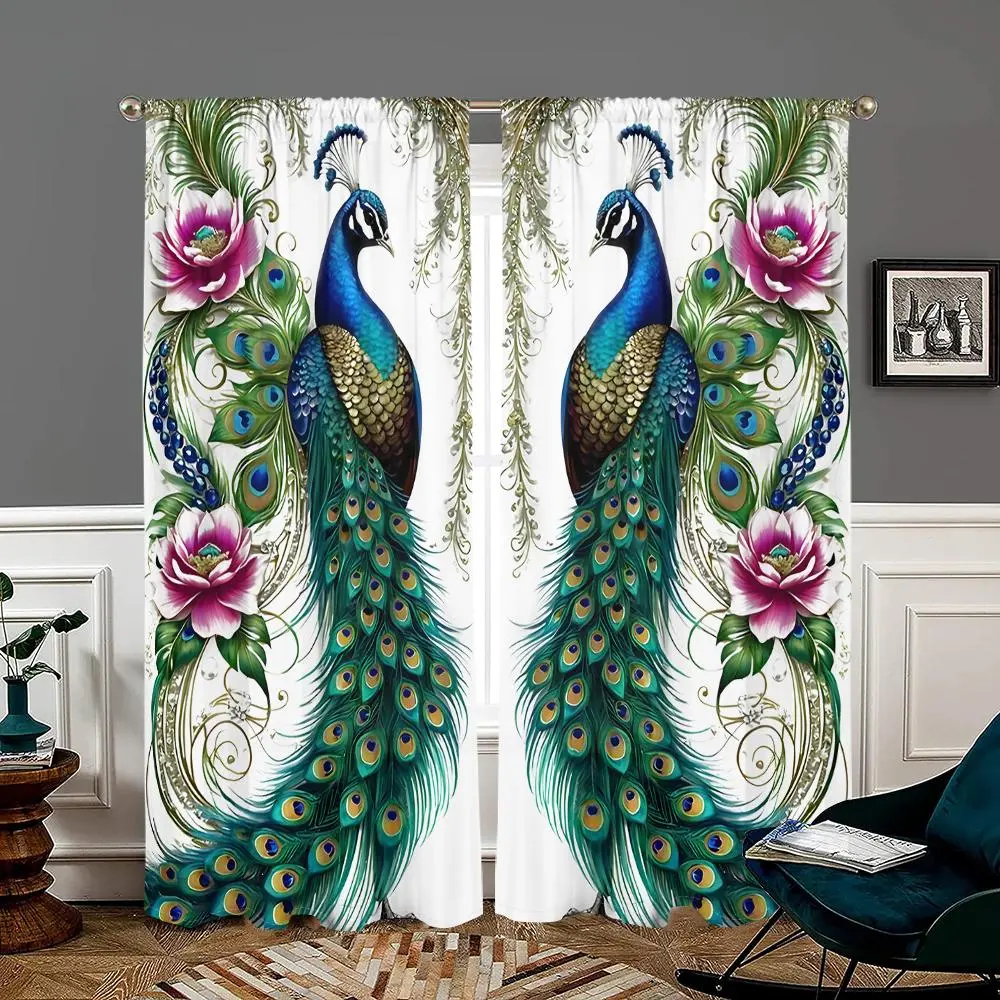 Peacock Pattern Printed Window Curtain, 2 Counts Modern Art Semi Blackout Home Decorative Curtain, Pole Pockets for Easy Hanging, Suitable for Home Decoration, Curtains Floral