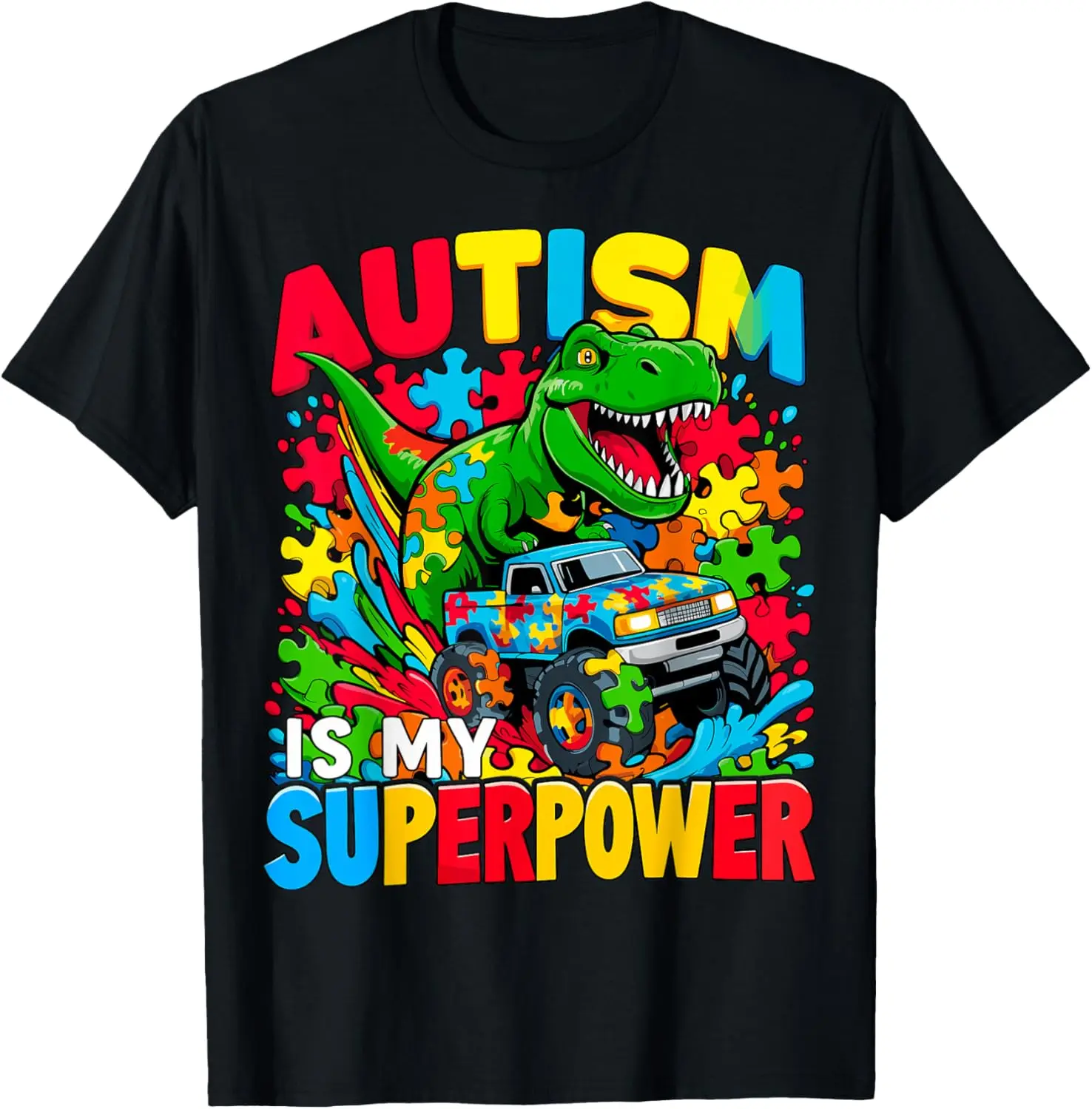 100% Cotton Autism Is My Superpower Dino Boys Monster Truck T-Shirt
