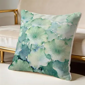 1 Piece Watercolor Lotus Leaf Throw Pillow, Green Lotus HD Digital Print Decorative Accent Pillow, Soft Cushion with Invisible Zipper for Couch Bed Sofa, 18x18 Inch (No Insert)