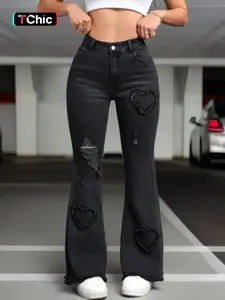 Women's Ripped Flare Leg Fitted Elastic Jeans, Fashion Casual Button Pocket Denim Pants for Daily Outdoor Wear, Ladies Bottoms for Summer