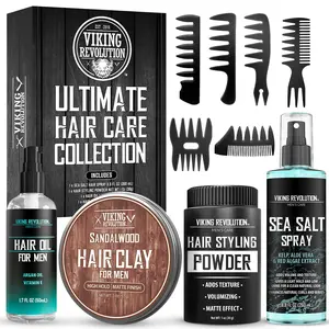 Viking Revolution Ultimate Hair Care Collection for Men - Sulfate Free Set with Hair Oil, Sandalwood Clay, Styling Powder, Sea Salt Spray & 6 Combs for Sharp & Strong Hair - Slick