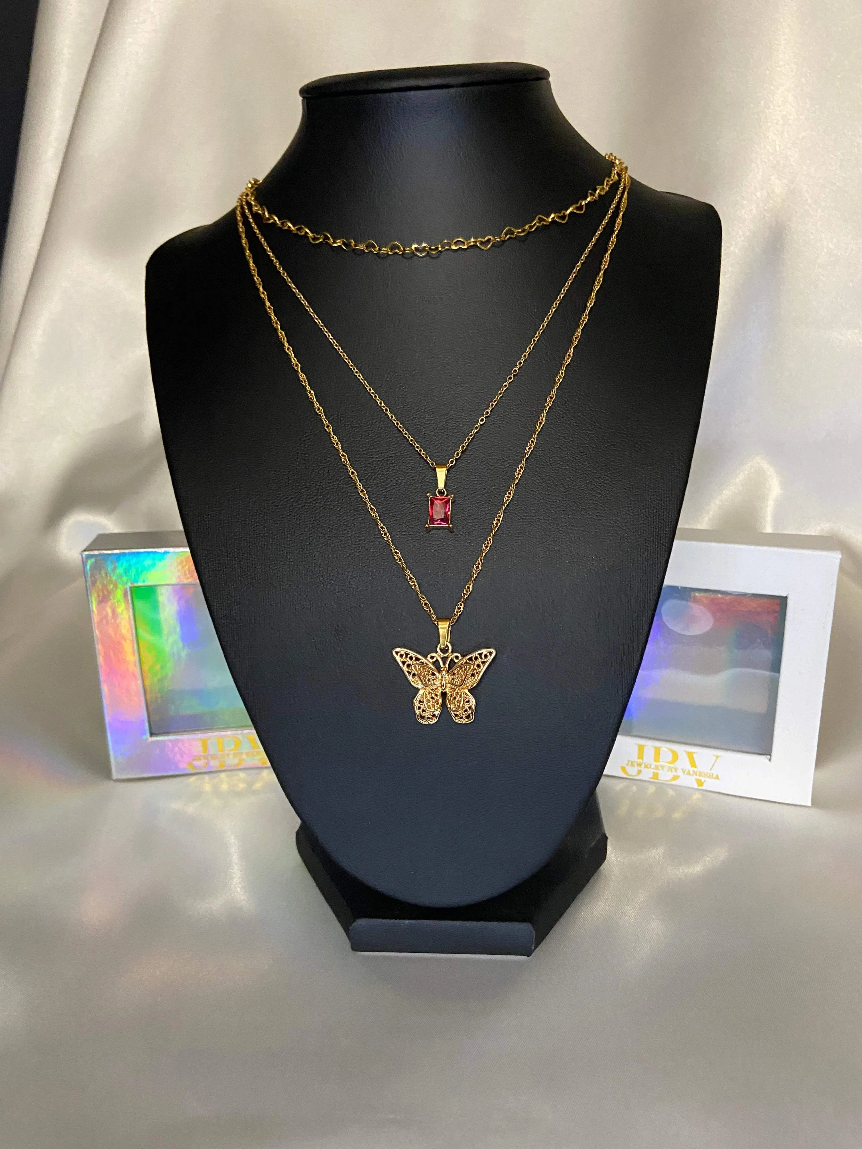 Trio Necklace Set, Dainty Heart Choker, Crystal Glare, and Butterfly Necklace Trio Set - 18K Gold Plated Stainless Steel