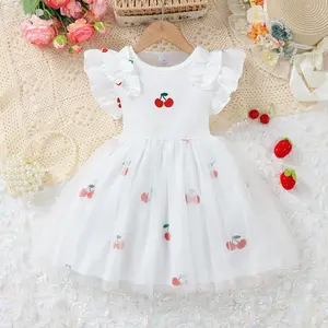 Ready Stock Summer Dress For 4Y,5Y,6Y,7Y Toddler Kid Girls Cherry Embroidery Ruffle Sleeve Knit Gauze Skirt, Adorable Casual Daily/Party Outfit 42510054