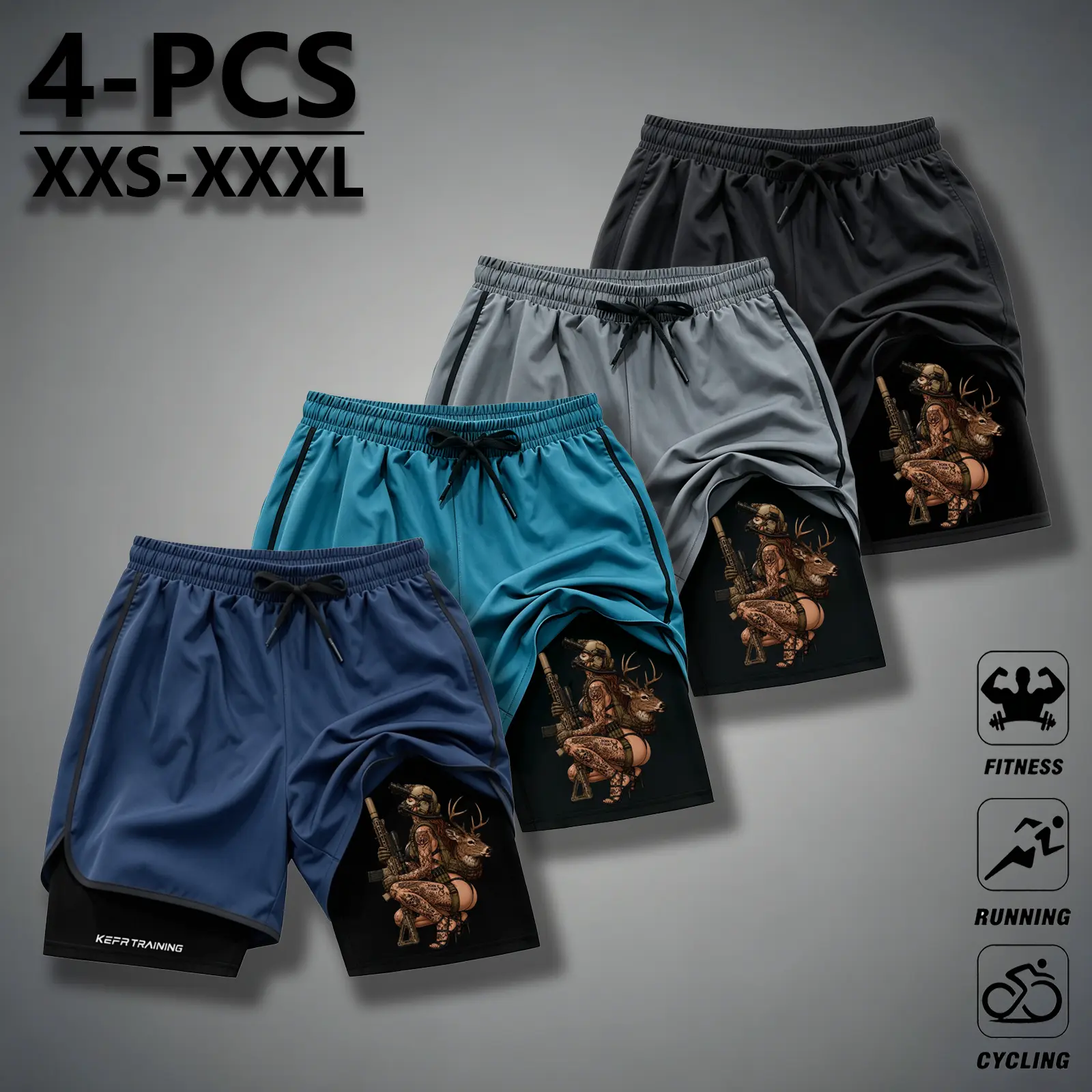 Men‘s 4PCS Tactical Female Hunter Deer Graphic 2 in 1 Running Shorts Double Layer Quick Dry Anti-Chafe Compression Liner Athletic Training Shorts Military Fan Workout Shorts,quick dry outdoor jogging shorts,retro tactical graphic fitness jog shorts