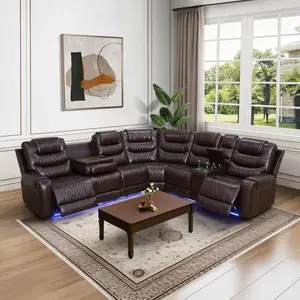 Dark Red Breathing Leather 3-in-1 Power Recline Curved Sectional Sofa Package - Diamond Stitch Perforated Lounge, LED Base Lights, Multi-Functional Center Tray, Wireless Charging Ports, Spacious Modular Recliner for Farmhouse, Classic Living Rooms
