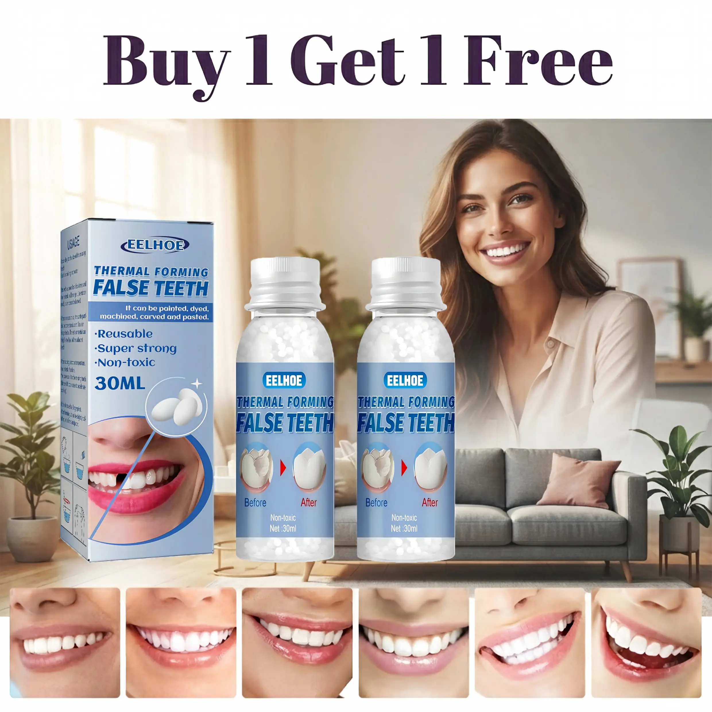 EELHOE 2-Pack 30ml Thermal Forming False Teeth Beads (Buy 1 Get 1 Free) - Reusable Moldable Temporary Repair Kit for Gaps, Breaks, Whitening & DIY Natural Smile Oral Care