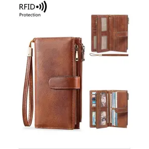 2026 New Women's Solid Color PU Leather Long Wallet, Zipper Closure with Wrist Strap, Multi-Functional Card Holder, Trendy Daily Wallet & Ideal Christmas & Valentine's Day Gift