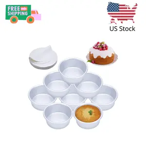 4 Inch Cake Pan Set of 8, Anodized Aluminum Round Cake Pans with 100 Pcs Parchment Paper Tins