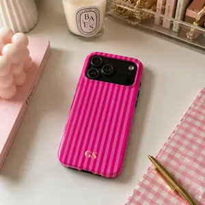 Personalized Pink Phone Case Custom Monogram iPhone Case Aesthetic Pink Striped Phone Case Summer Coastal Phone Case Preppy Phonecase Beachyiphone 17 16 15 14 13 12 11cases Festive Bow Anti-drop retro luxury