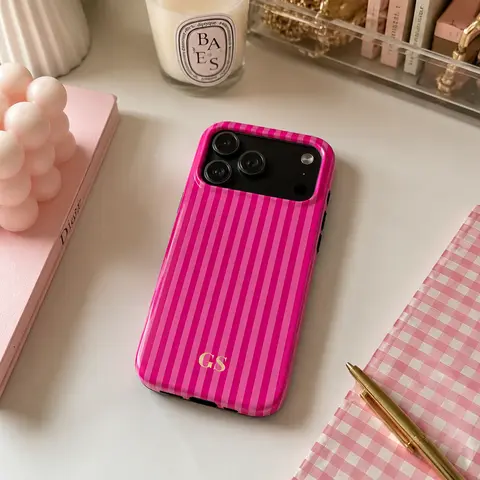 Personalized Glossy Pink Striped Smartphone Case - Custom Monogram, Festive Bow, Anti-Drop Retro Luxury, Flexible Lexan Plastic, Coastal Preppy Aesthetic, Shock-Cushioned Rubber Protection for iPhone 18/17/16/15/14/13/12/11 Cute Phone Accessories ^DZ