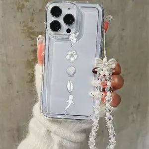 Mermaid Charm Phone Case with Silver Flower & Shell Beaded Strap Shockproof Anti-Scratch Bow Kawaii Cover for iPhone11/12/13/14/15/ Promax16/16Promax/16pro/16plus