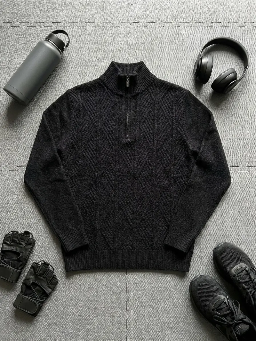 Men’s textured half-zip stand collar sweater, casual warm knit pullover long-sleeve top, versatile for everyday wear