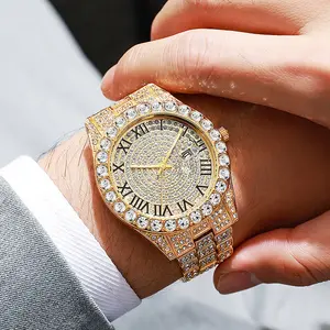 Hiphop Rhinestone Diamond Watch Cuban Chain Rapper Metal Band Plated Luxury Roman Numerals Timepiece