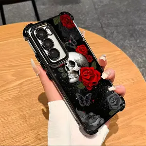 Designed for SAMUNG Galaxy S24/S23/S22 S24+/S23+/S22+ Ultra FE Plus Phone Case Luxury Electroplated Clear Drop Protection Four Corner Anti-Shock Protective Phone Case Cover Silvery Black Red Rose Skull Bones Butterfly 07v-i067 Protector Casing