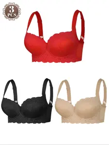 Women's Plus Size Full Coverage Floral Lace Underwire Bra, Comfortable Soft Gathered Medium Support, Steel Ring Structure, Casual All Seasons