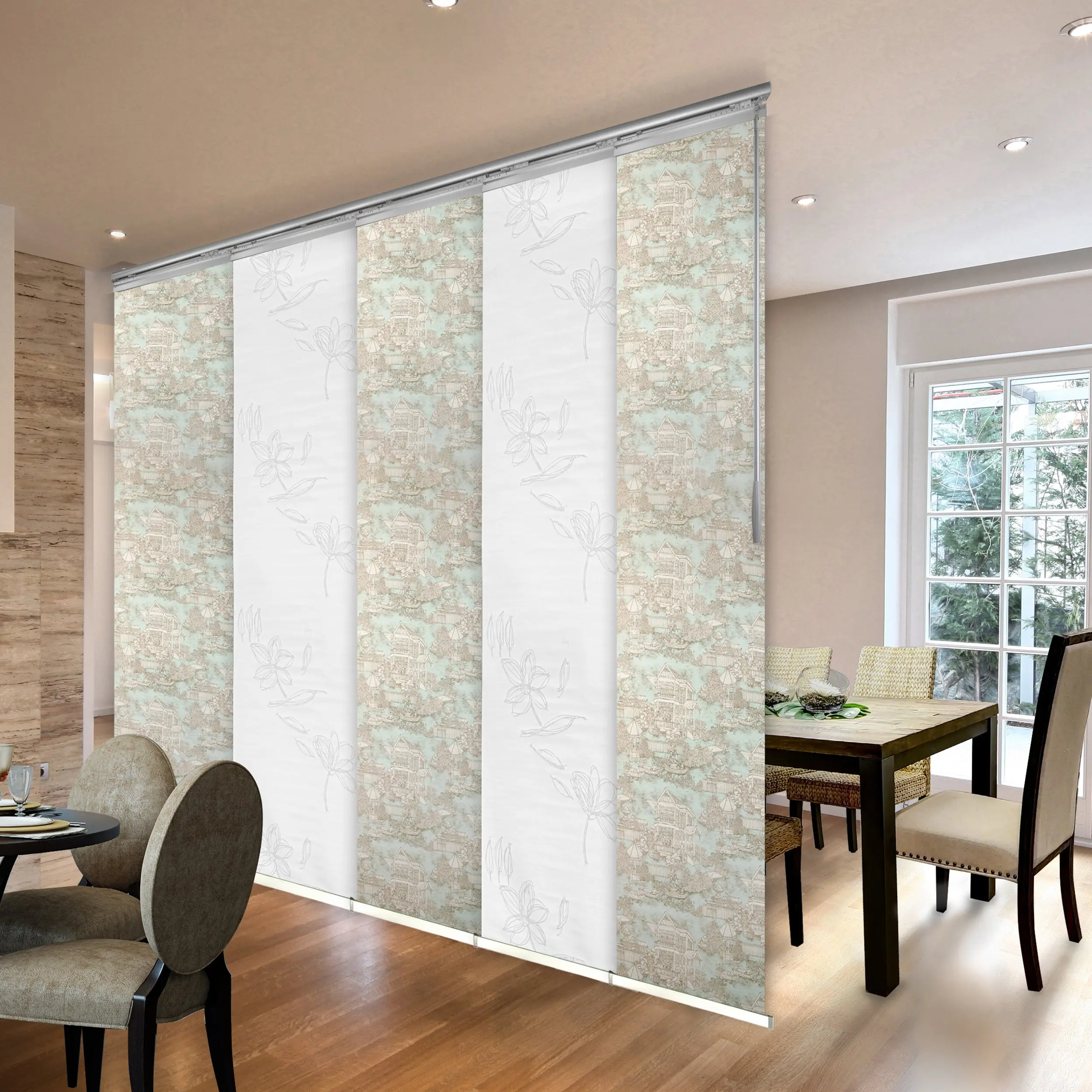 5-Panel Single Rail Panel Track Blind Extendable 58"-110"W x 91.4"H, Panel width 23.5", Lotus, Abelia