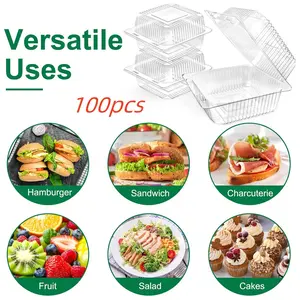 100-PC 5x5 Inch Food Storage Container Set with Lids-Square Plastic Hinged Food Durable Plastic Utensils for Pantry Organization Travel, Ideal for Outdoor Picnics Burgers Sandwich,Salads Cookies Take-Out Container Individual Clamshell Food