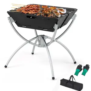 Folding Camping Fire Pit Grill, Portable Stainless Steel BBQ Grill with Carrying Bag & Gloves, Collapsible Campfire Stove for Outdoor Picnic fathersdaygift