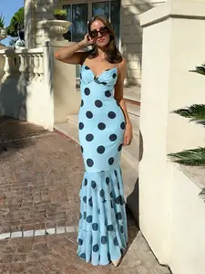 Polka Dot Print Halter Long Dress, Elegant Chic Summer Fashion, Casual Wear, Women's Clothing, Womenswear, Perfect for Parties and Daily
