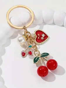Elegant Women's Cherry & Heart Keychain, Cherry with Leaves, Heart Pendant, Imitation Pearl Accents, Keychain For Bags