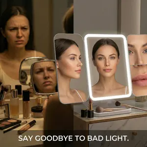 LumeLuxe Pro Extra-Large Tri-fold Makeup Mirror with 56 LEDs, Height Adjustable 1X/2X/3X Rechargeable Vanity Mirror, Portable Magnifying Table Mirror with 1.5m Cable & Cloth, Perfect Gift for Her