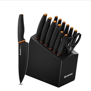 Astercook 14-Piece Kitchen Knife Set with Block, High Carbon German Stainless Steel, Built-in Sharpener, Dishwasher Safe, Black