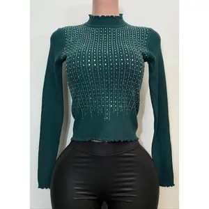 MALIA DARK GREEN RHINESTONE LONG SLEEVE HIGH NECK SWEATER TOP