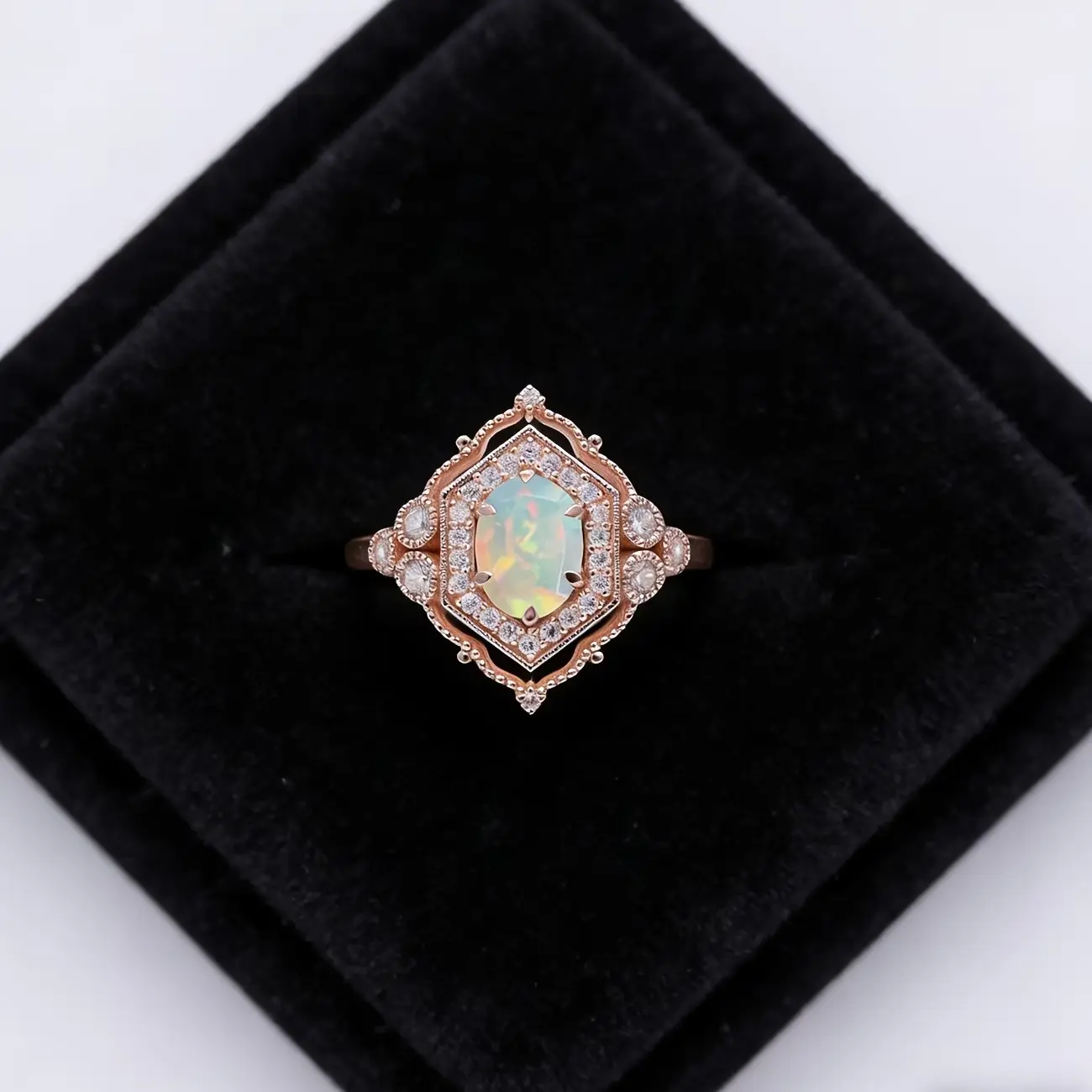Vintage synthetic opal ring, made of rose gold metal, featuring vintage beaded edges and hollowed-out patterns, full of Victorian vintage court style, an exquisite vintage engagement ring, an elegant rose gold plated ring.Gift for her.