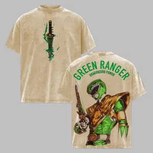 Men's Green Ranger Power Rangers Oversized Soft Short-Sleeve Acid-Washed Double-Printed TV Series Graphic Cotton Streetwear T-Shirt