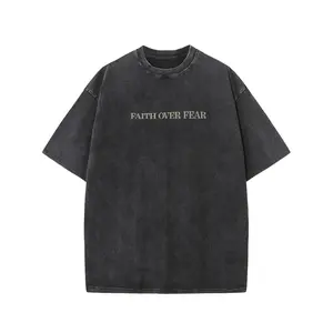 Faith Over Fear Heavyweight 100% Cotton Tee, Vintage Acid Wash Oversized Drop Shoulder, Unisex Hip Hop Tropical Streetwear Black Crewneck Graphic T-Shirt