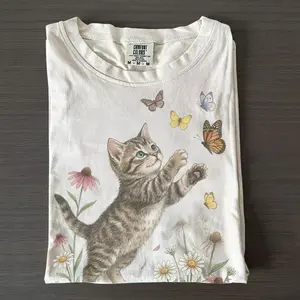 Vintage Cute Kitten Butterfly 90s Graphic Tshirt, Retro Comfort Colors Cottagecore Spring Flowers Unisex Shirt