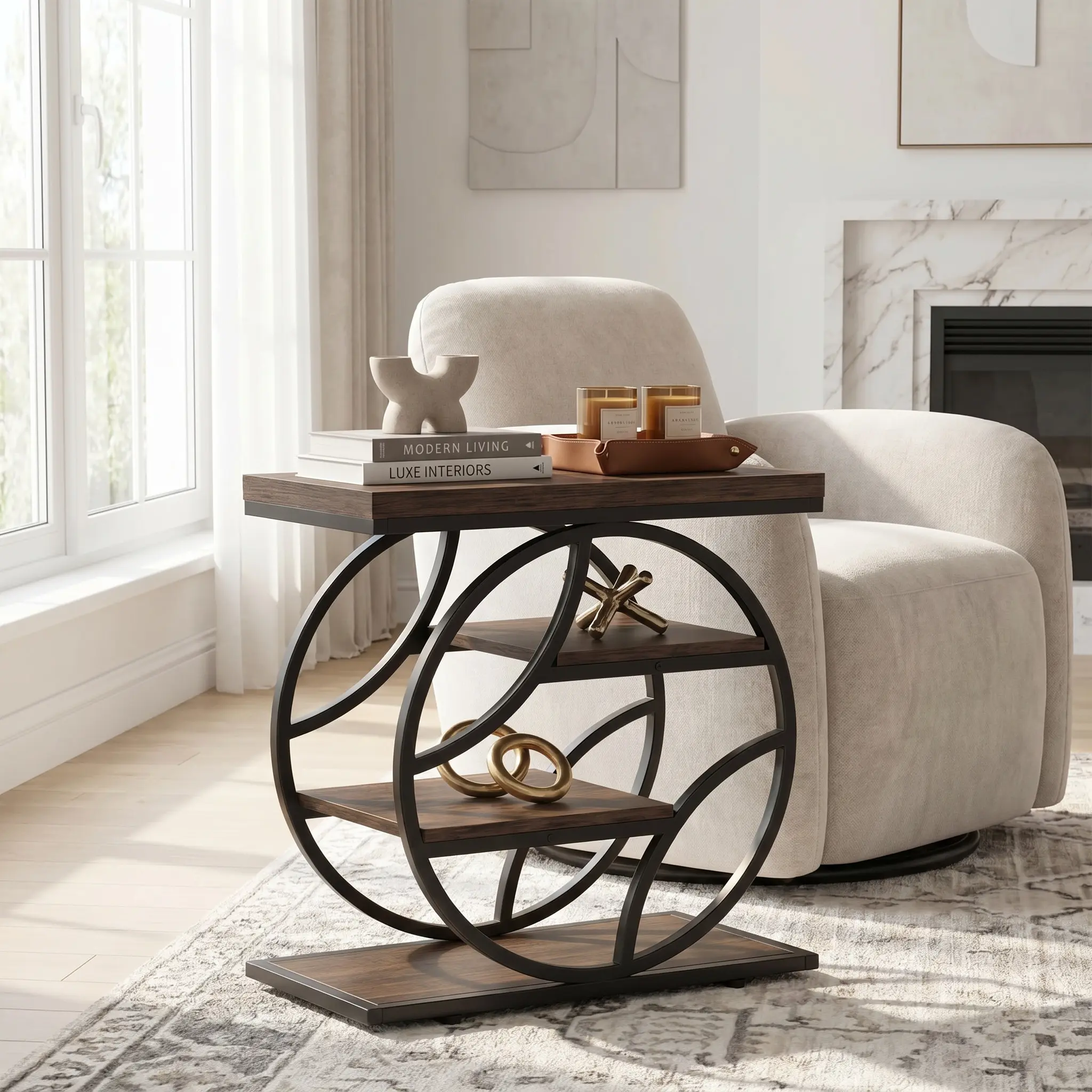 Spaco 25.59" Industrial 4-Tier Narrow End Table with Storage Shelves – Wood & Metal Side Table for Living Room, Bedroom, Small Spaces
