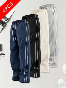 4-pack men’s spring/autumn outdoor quick-dry casual athletic pants, loose straight fit, side stripe design, summervibes