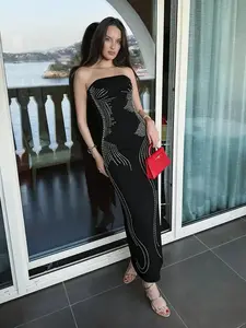 Women's Rhinestone Halter Maxi Dress Party Gown Backless Sleeveless Contrast Sequin Y2K