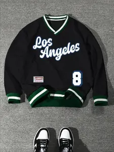 Vintage Sporty Pullover Sweater, Los Angeles Letter Print Design, Unisex Colorblock Hoodie, Essential Retro Style, Fall & Winter Comfort Fit