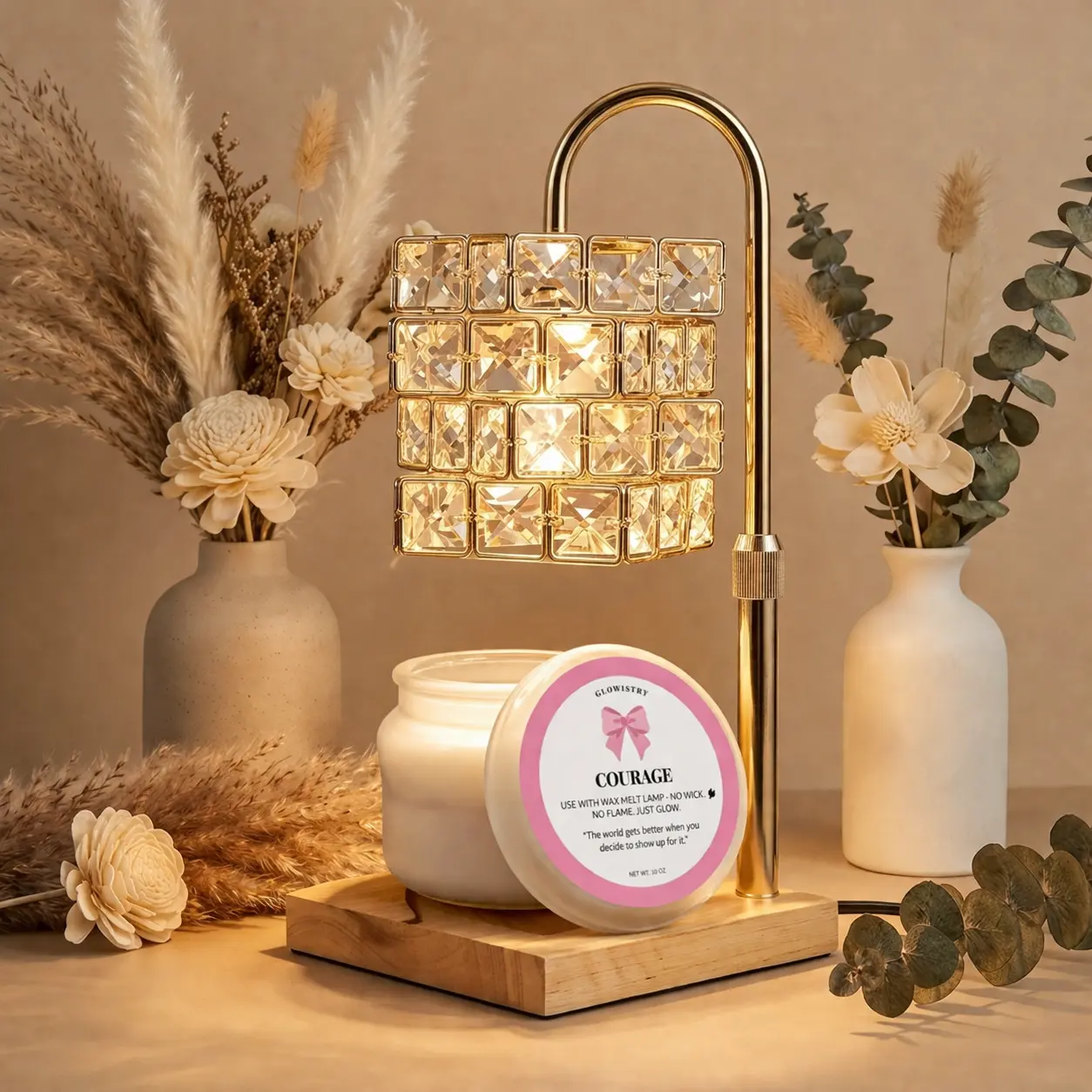 Courage The Glow Bundle Wax Lamp Set Crystal Gold Warmer & Flame Free Soy Candle 10 oz for Apartments Home Offices Bedrooms Living Rooms