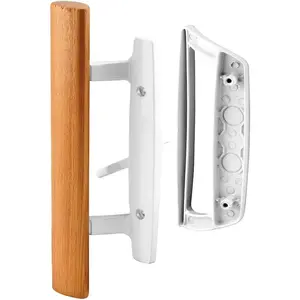 Mortise Style Reversible Sliding Patio Door Handle Set with Oak Wood Interior Handle, White Diecast Exterior Pull, Non-keyed Latch Lock Fits 3-15/16” Screw Hole Spacing