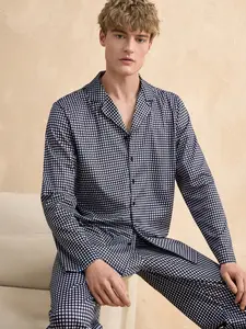 Men's Long Sleeve Sleepwear Set, Plaid Collared Shirt Style Home Clothing, Straight Leg Pants, Fashion Casual Fall, Loungewear