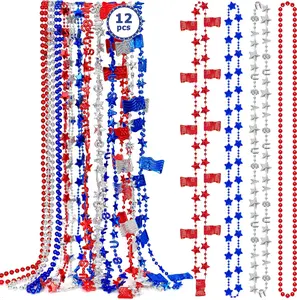 4th of July Necklace Accessories, 12PCS Veterans Day Beads Necklaces Bulk, Independence Day Red Blue White Stars USA Flags Necklace, Veterans Day Patriotic Bulk for Parade Party Favors Decorations