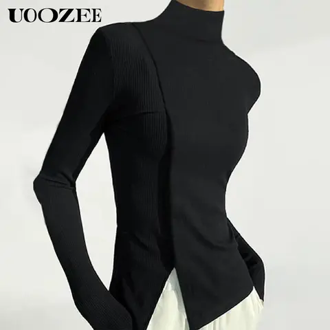 UOOZEE Women's Elegant Minimalist Look Asymmetrical Turtleneck Long-Sleeve Knitwear - Slim-Fit High Polish Casual Top with Asymmetrical Edge, Medium-Length Autumn Basic for Thanksgiving, Valentine's Day Wear
