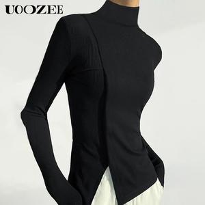 UOOZEE Women's 2025 Autumn Turtleneck Long Sleeve Spandex Undergarment - Thin, Tight, Solid Color, Slit, Elastic Pullover, Breathable, Slim-Fit, Figure-Enhancing, Casual Spring Lady Top (Sizing Runs Small - Check Size Guide or Order Larger)
