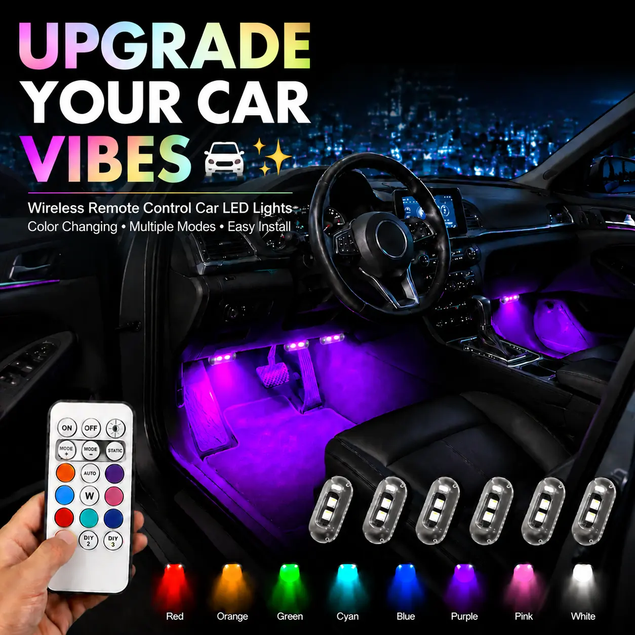 RGB Car Interior Lights with Remote Control, Color Changing Ambient Lighting, Cool Car Accessories for Interior Decor, Night Drive & Car Upgrade