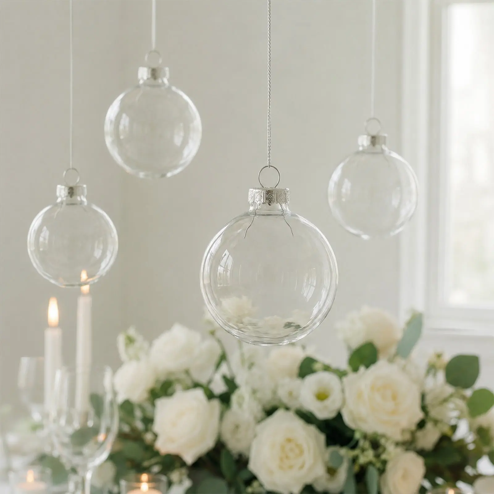 4 Pack 4" Clear Glass Hanging Ornament Balls, Fillable Round Baubles with Removable Silver Caps for DIY Crafts, Weddings, and Holidays