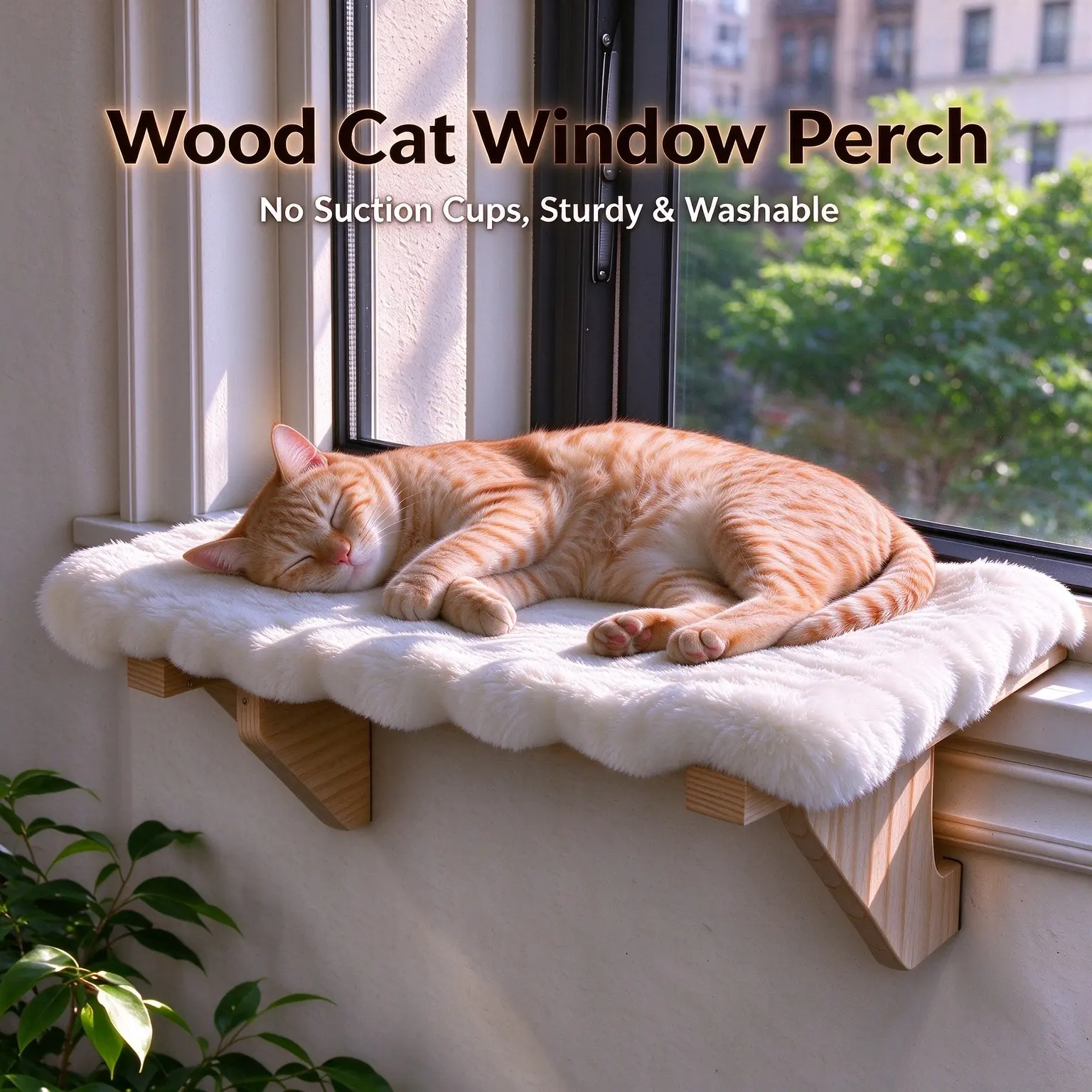 Modern Cartoon Memory Foam Cat Window Hammock - Large/Medium Relax Perch, Renter-Friendly No-Drilling Clamp-On Hanging Lodge, Natural Wood Frame, Removable Washable Plush Mat, Tool-Free Setup, 20 lbs Capacity, Fits Most Sills for Indoor Cats’ Sun Bathing