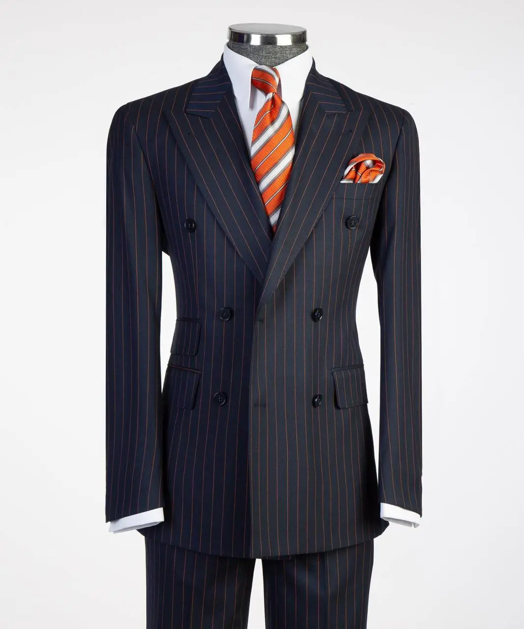 Men's Navy Blue-Orange Striped Double-Breasted Suit Set - 38 R, Elegant Long Sleeve Jacket & Trouser, Formal Menswear for Weddings, Photos, Tailored Seams with Allowance, Strong Front Profile