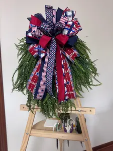 🇺🇸 Patriotic Designer Ribbon Bow – Red, White & Blue Front Door Bow (Wreath Accent)