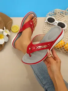 Summer New Slope Heel Sandals for Women, Thick Sole Rubber Heightening Breathable Open Toe Flip Flops, Metal Rhinestone Decor Beach Shoes
