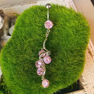 Sparkling Vine Swirl Dangle Pink CZ Gem Belly Ring Navel Naval 14g 316L Steel